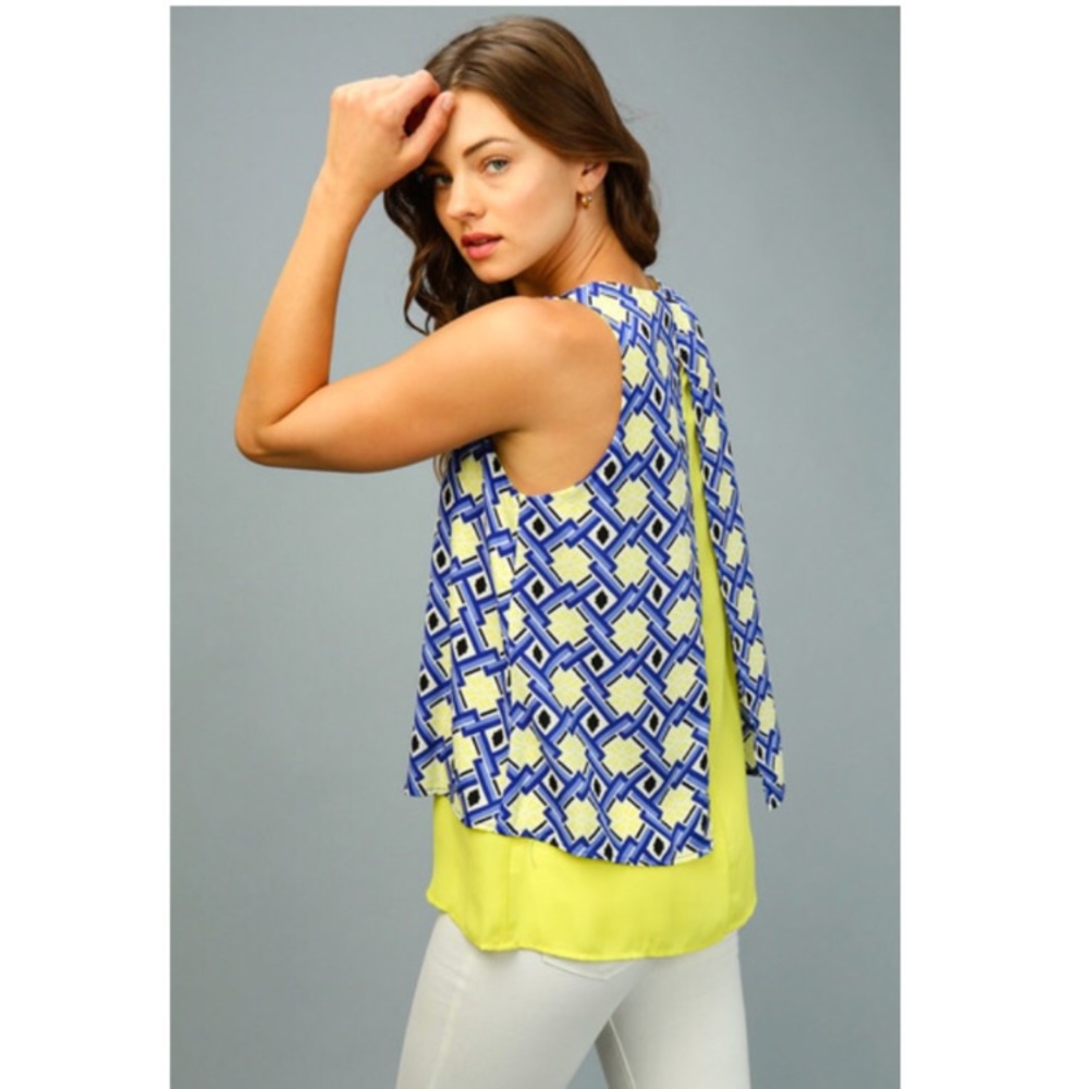 Yellow blue geometric sleeveless top